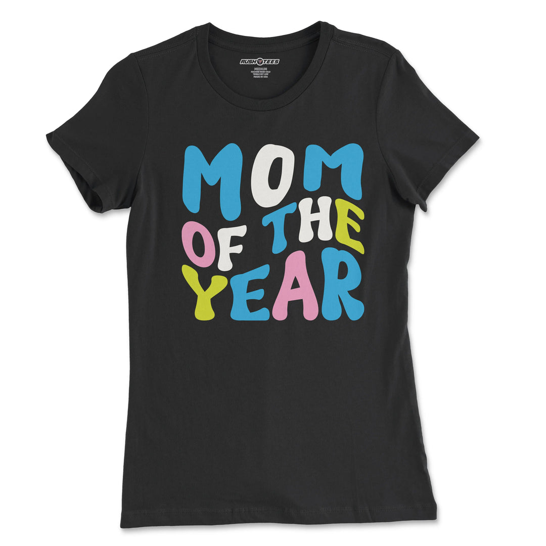 Stylish black 'Mom of the Year' retro t-shirt with colorful graphic lettering, perfect for Mother's Day or as a gift for moms.