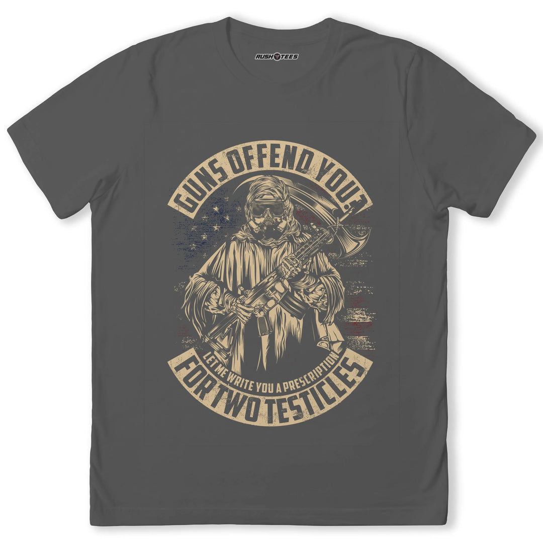 GUNS OFFEND YOU T-shirt featuring a masked figure with a gun, bold military graphic, perfect for veterans and patriots.