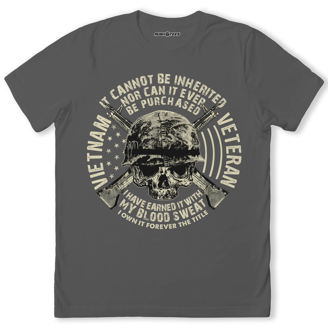 Vietnam veteran t-shirt featuring skull graphic, American flag, and powerful tribute text to honor military sacrifice.