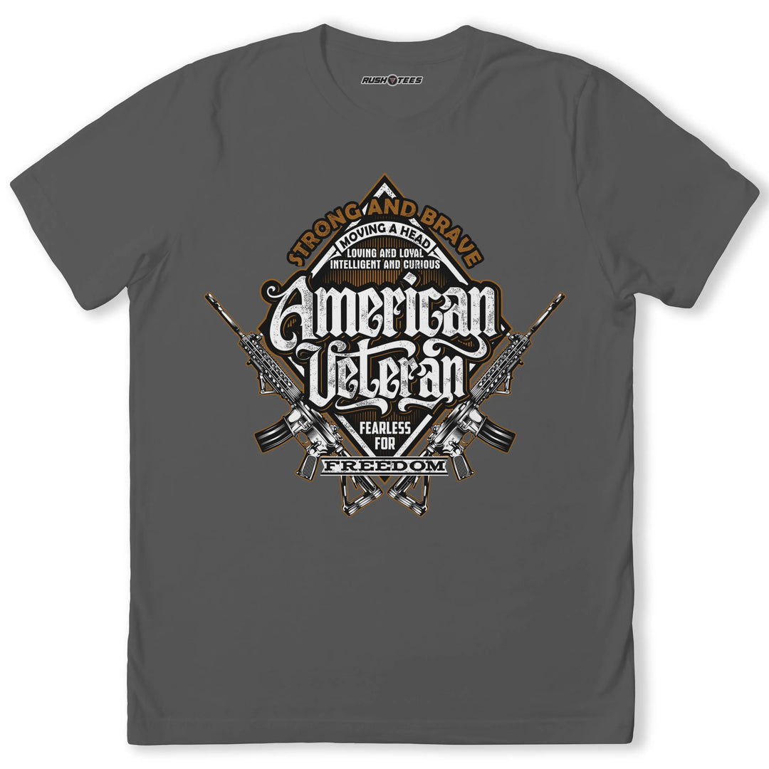 American Veteran T-shirt with military graphic, featuring bold text and crossed rifles, honoring veterans and freedom.