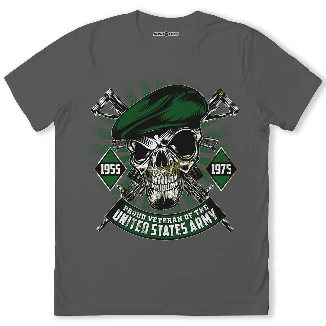 Proud Veteran of the United States Army Skull T-shirt, military graphic tee with skull design, green beret, and crossed rifles.