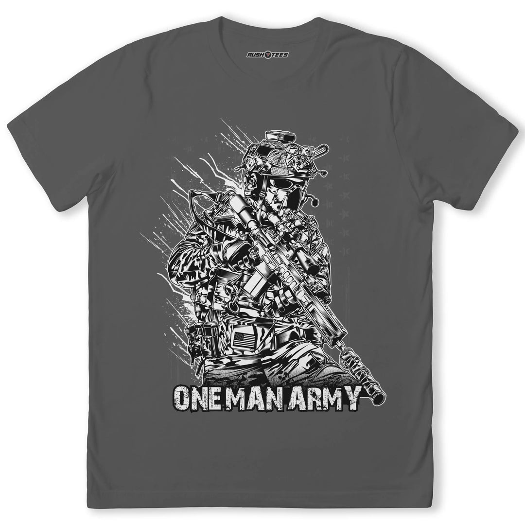 ONE MAN ARMY soldier illustration t-shirt, military graphic tee showcasing strength and resilience.