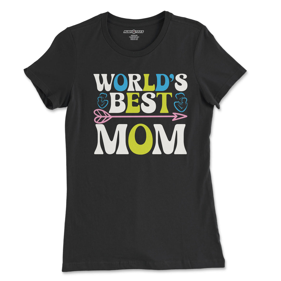 Stylish black t-shirt featuring vibrant 'World's Best Mom' graphic, perfect for Mother's Day gifts.