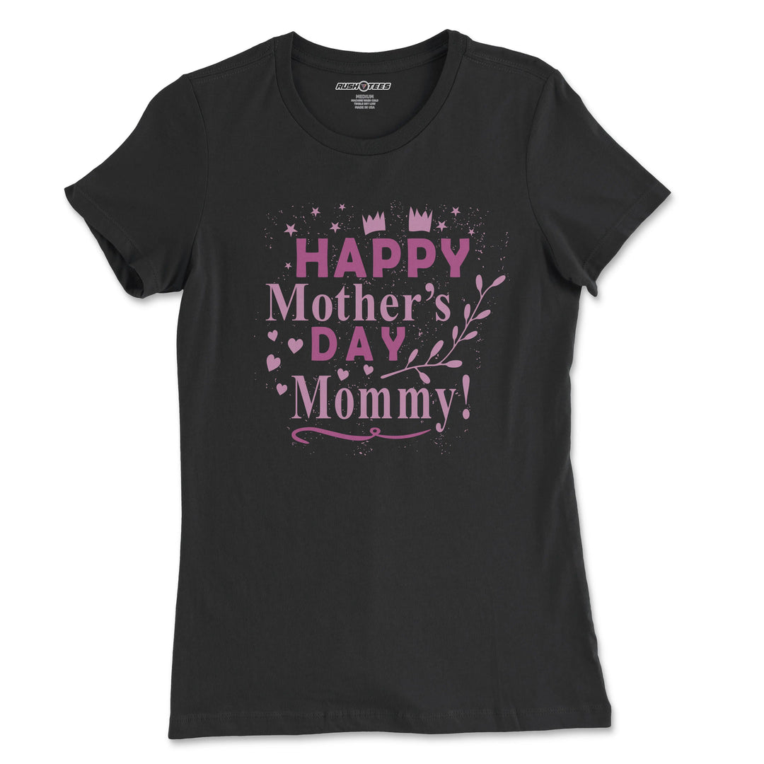 Black Mother's Day t-shirt featuring pink hearts and crown design, ideal gift for mom.