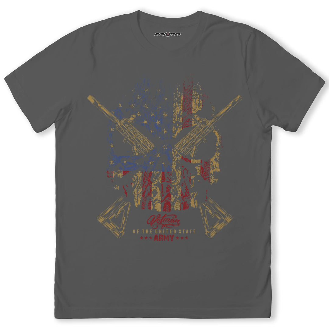 Veteran of the United States Army t-shirt featuring bold skull graphic, American flag, and crossed rifles, perfect for military pride.