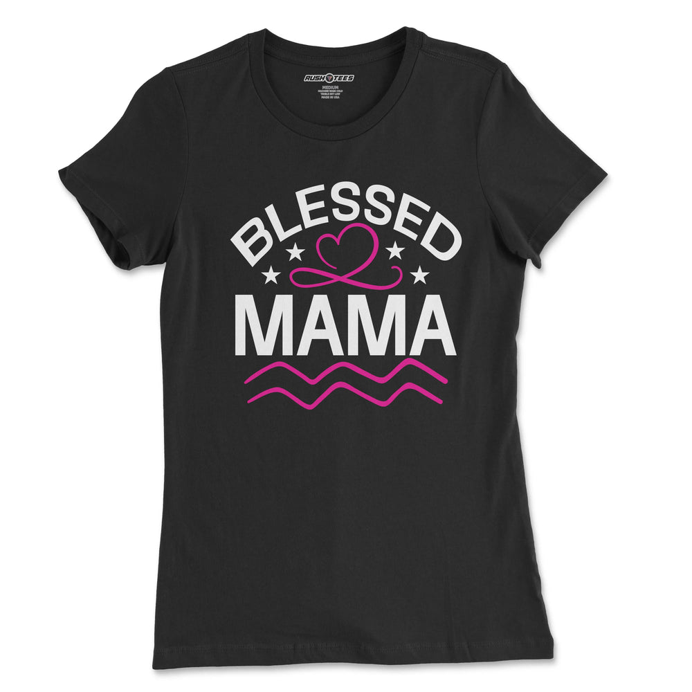 Stylish black Blessed Mama t-shirt with pink heart design, perfect as a Mother's Day gift or casual wear.