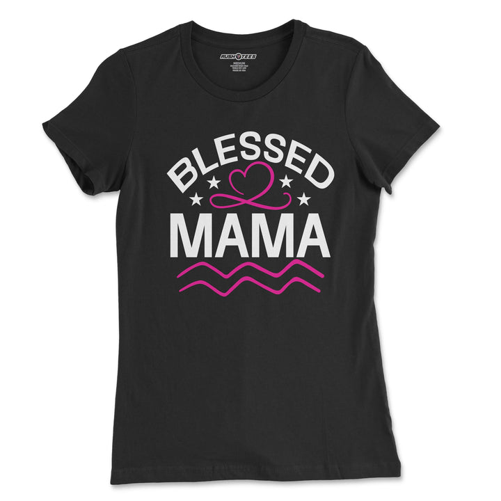 Stylish black Blessed Mama t-shirt with pink heart design, perfect as a Mother's Day gift or casual wear.