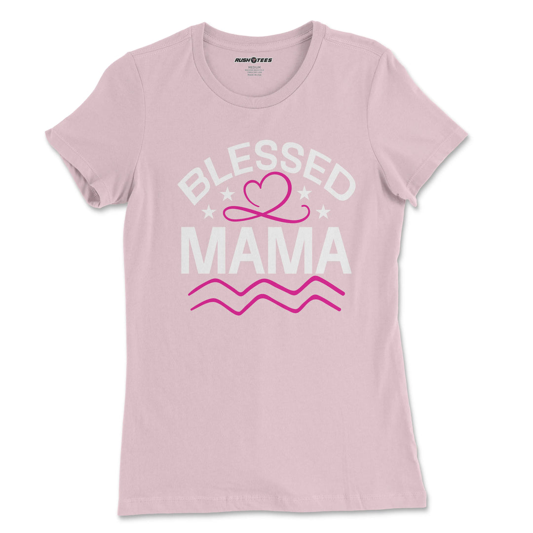 Pastel pink 'Blessed Mama' t-shirt with heart design, perfect as a Mother's Day gift for stylish moms.