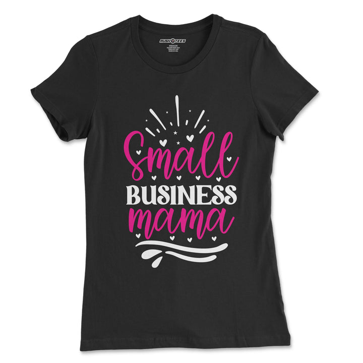 Black t-shirt with 'Small Business Mama' graphic in pink and white, perfect for entrepreneurial moms and Mother's Day gifting.