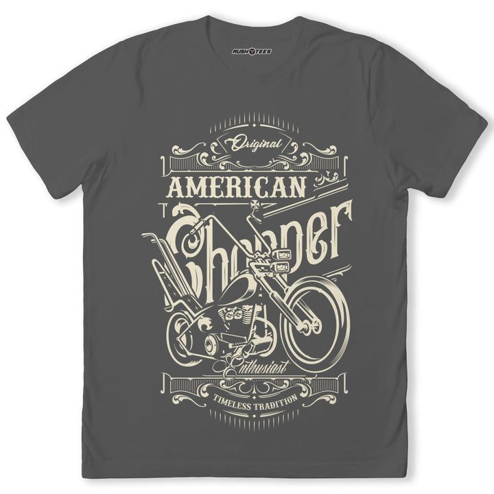 Vintage American Chopper t-shirt featuring bike graphic and 'Timeless Tradition' text, perfect for motorcycle enthusiasts.