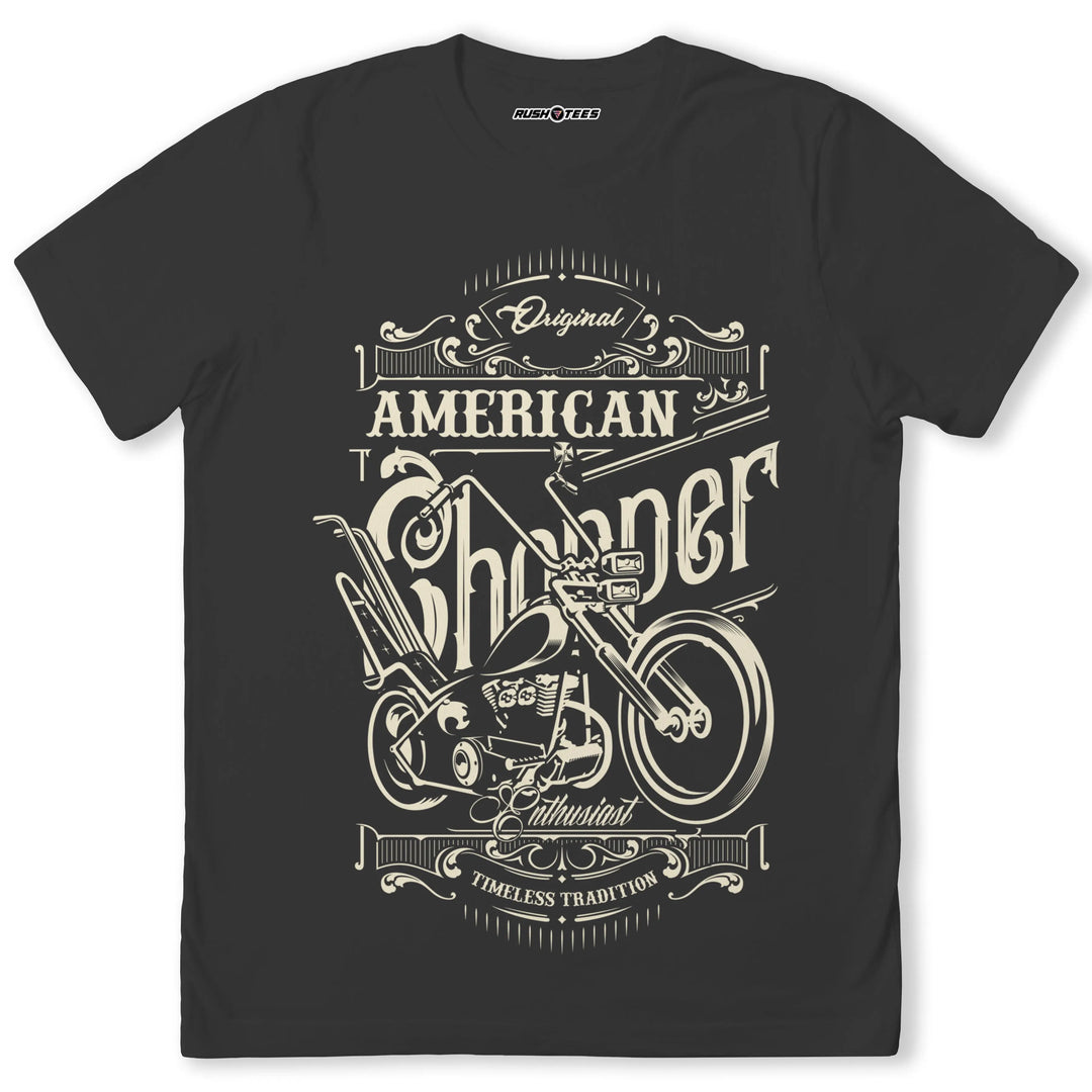 Vintage American Chopper t-shirt showcasing detailed chopper graphic and text 'Original American Chopper Enthusiast'.