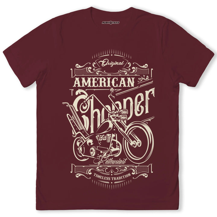 American Chopper t-shirt with vintage chopper bike graphic and text, perfect for motorcycle enthusiasts and casual wear.