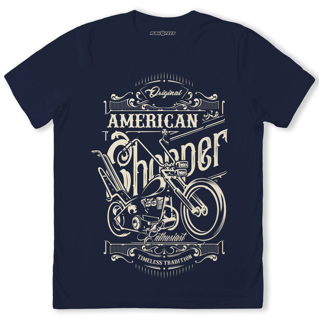 Vintage American Chopper t-shirt featuring classic motorcycle graphic and retro design, perfect for motorcycle enthusiasts.