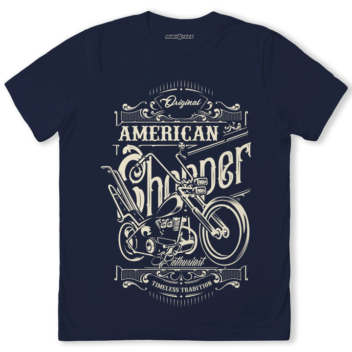 Vintage American Chopper t-shirt featuring classic motorcycle graphic and retro design, perfect for motorcycle enthusiasts.