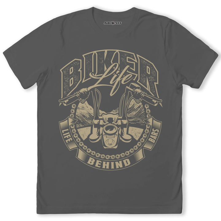 Biker Life t-shirt featuring motorcycle handlebars and mountain backdrop, ideal for motorcycle enthusiasts.