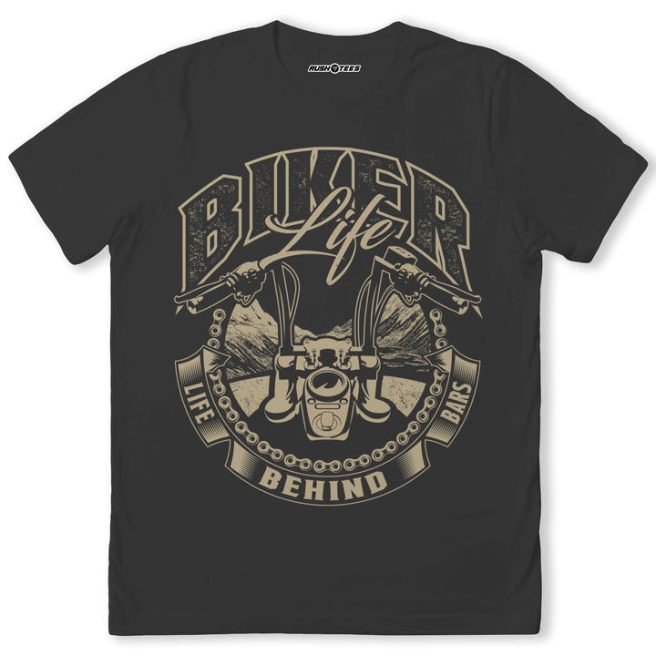 Biker Life t-shirt with motorcycle handlebars graphic and rugged design, perfect for motorcycle enthusiasts.