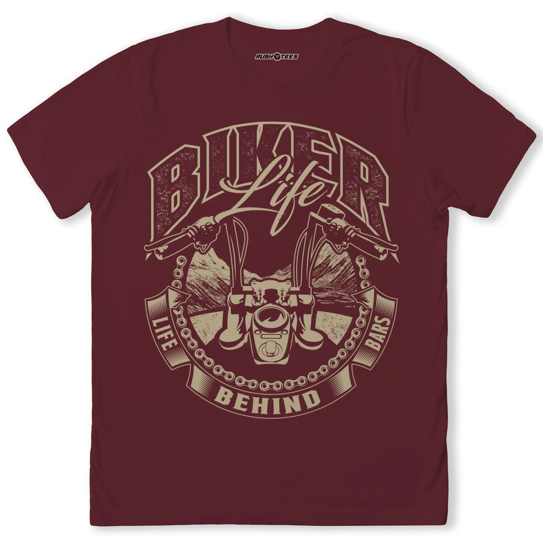 Biker Life t-shirt featuring motorcycle handlebars and mountain backdrop, perfect for motorcycle enthusiasts.