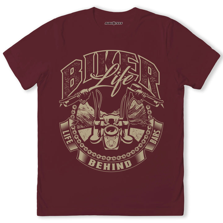 Biker Life t-shirt featuring motorcycle handlebars and mountain backdrop, perfect for motorcycle enthusiasts.