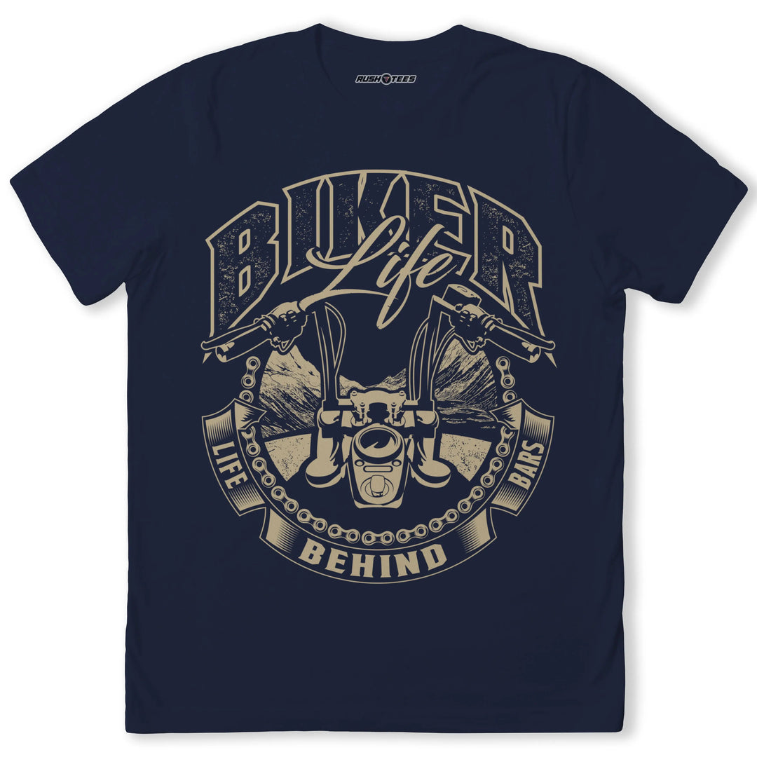 Biker Life t-shirt featuring motorcycle handlebars and mountain graphic, perfect for motorcycle enthusiasts.