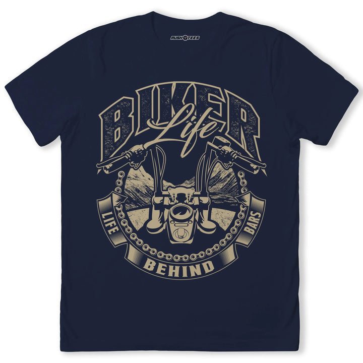 Biker Life t-shirt featuring motorcycle handlebars and mountain graphic, perfect for motorcycle enthusiasts.