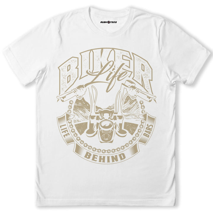 White biker t-shirt featuring 'Biker Life' graphic with motorcycle handlebars and mountains, perfect for motorcycle enthusiasts.