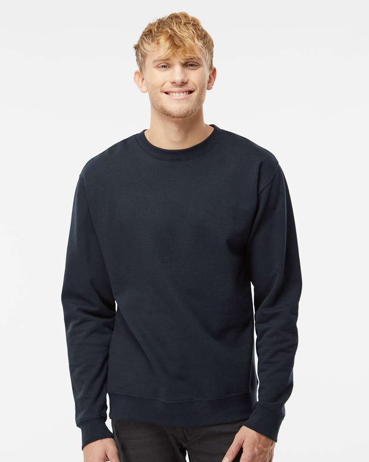 Model wearing a unisex crewneck sweatshirt in navy, showcasing a soft feel and customizable design options.