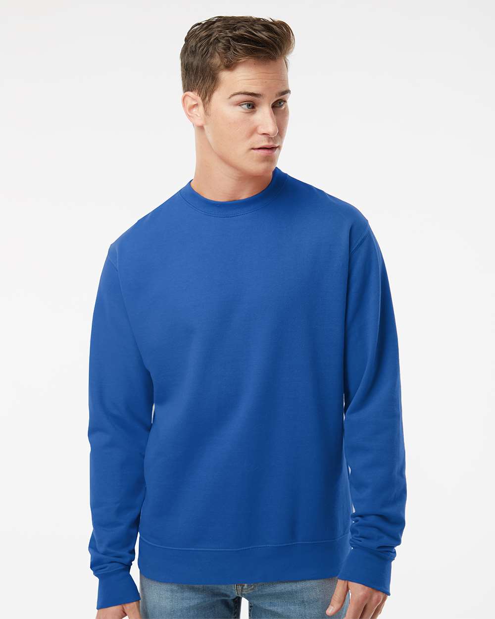 Unisex blue crewneck sweatshirt with soft feel, perfect for custom apparel and designing your own clothing.