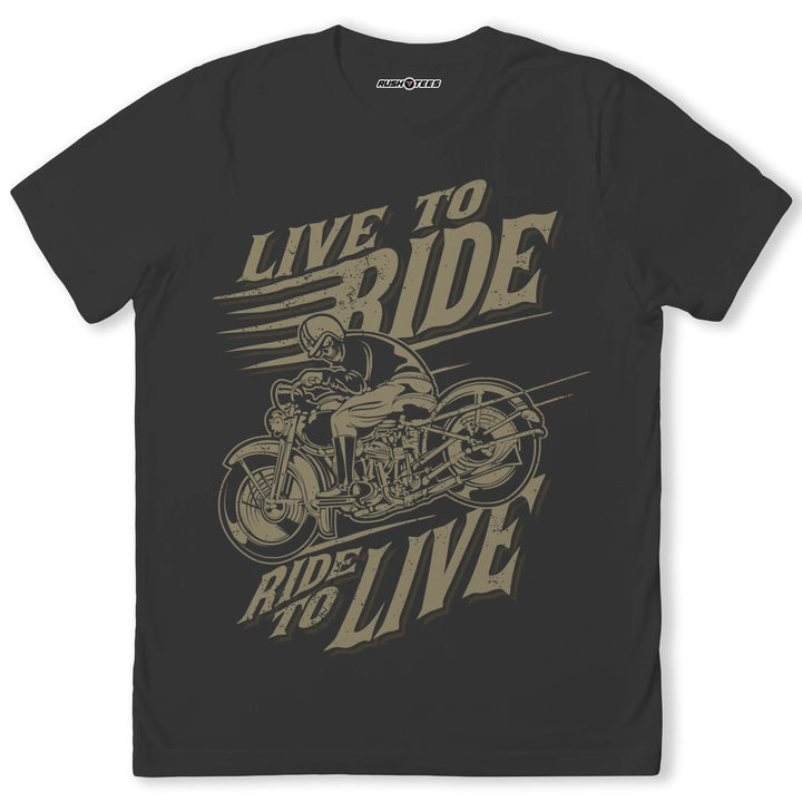 Bold graphic tee featuring 'Live To Ride, Ride To Live' slogan with a motorcyclist, ideal for motorcycle enthusiasts.