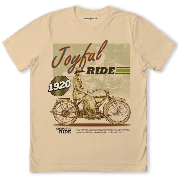 Joyful Ride vintage 1920 motorcycle graphic tee, capturing freedom and adventure in a stylish biker shirt.