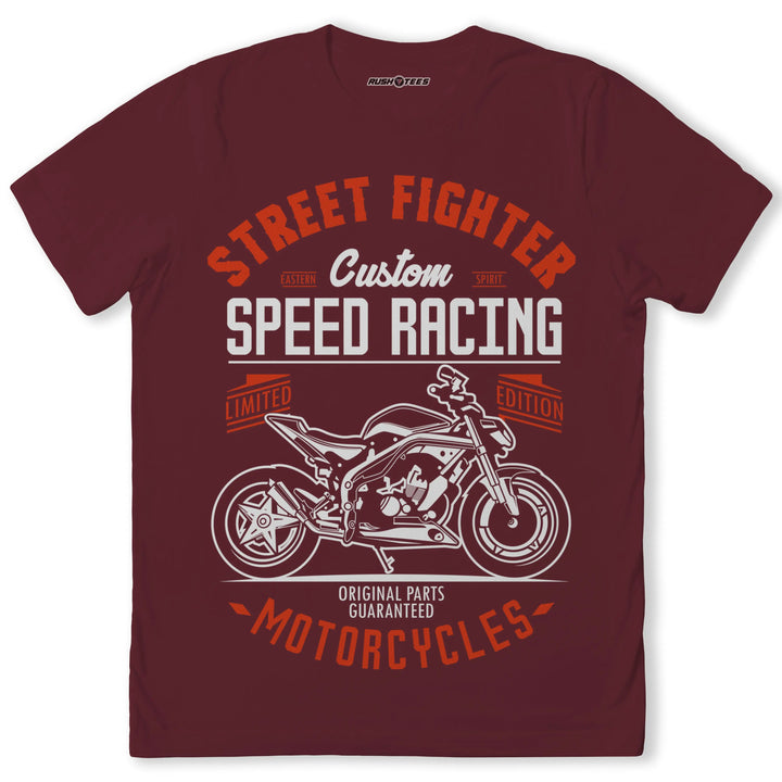 Street Fighter Custom Speed Racing T-Shirt featuring a sleek motorcycle graphic, perfect for motorcycle enthusiasts.