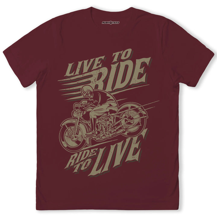 Live To Ride graphic tee featuring a motorcyclist, perfect for motorcycle enthusiasts and adventurers.