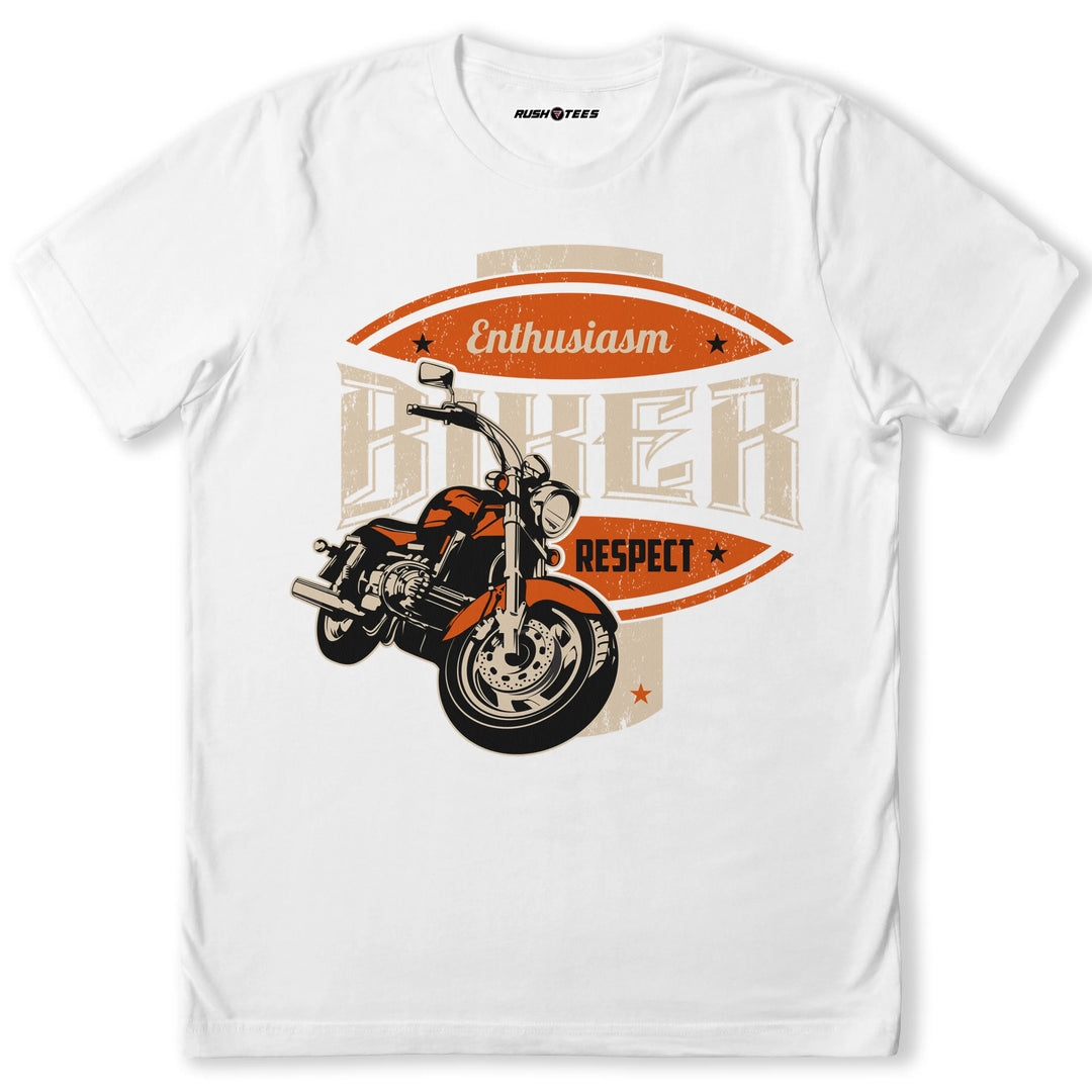 Enthusiasm Biker T-Shirt featuring a motorcycle graphic and bold text; perfect for motorcycle enthusiasts and chopper lifestyle.