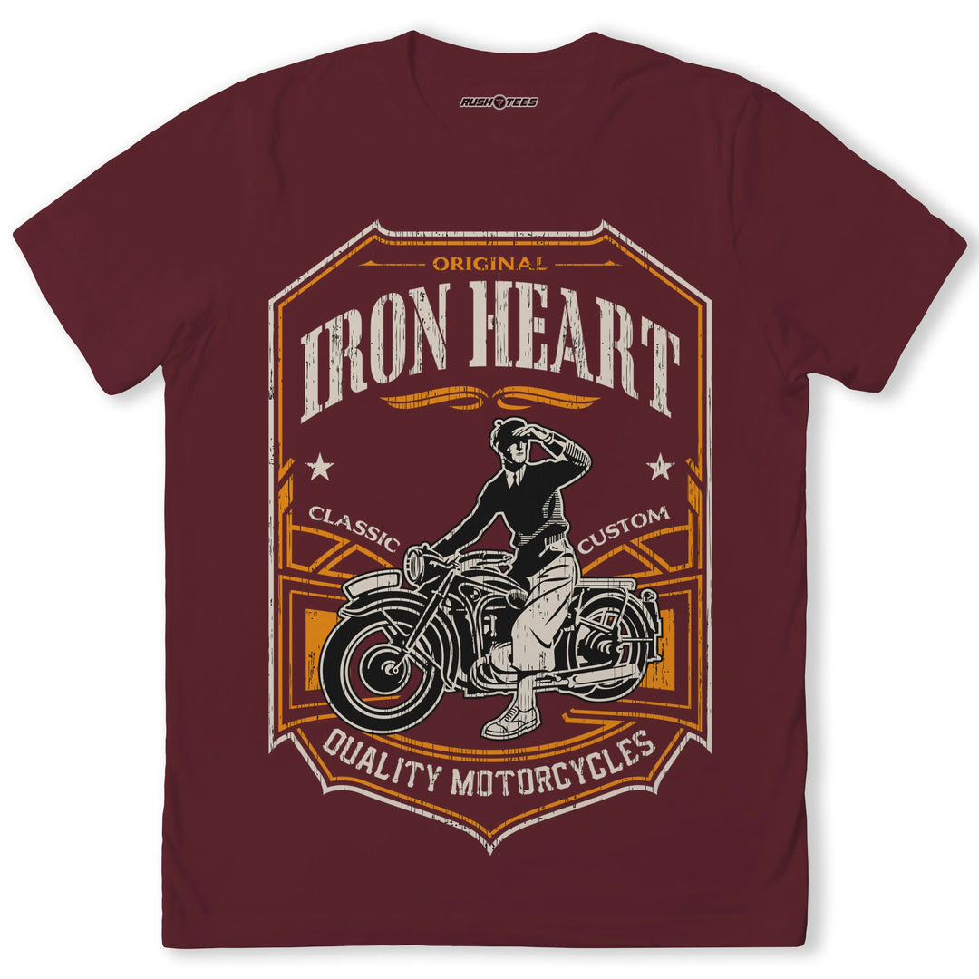 Iron Heart biker t-shirt featuring bold graphic of a rider on a vintage motorcycle, perfect for motorcycle enthusiasts.