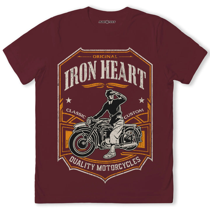 Iron Heart biker t-shirt featuring bold graphic of a rider on a vintage motorcycle, perfect for motorcycle enthusiasts.