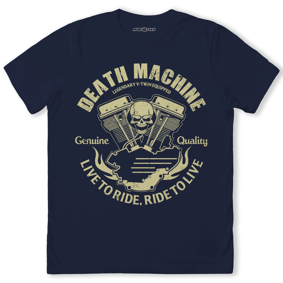Death Machine biker t-shirt featuring legendary V-Twin engine, skull graphic, and live to ride text, ideal for motorcycle enthusiasts.