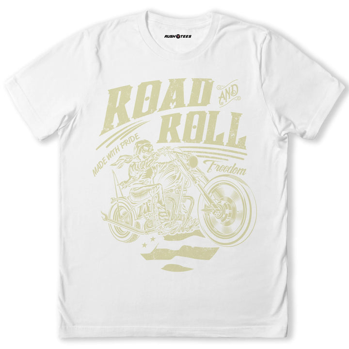 Biker T-shirt featuring bold 'Road And Roll' graphic with chopper design, symbolizing freedom and adventure.