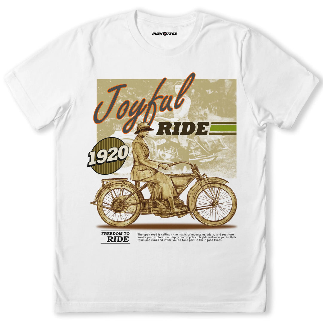 Joyful Ride vintage motorcycle graphic tee, 1920s style biker shirt, perfect for motorcycle enthusiasts and retro fashion lovers.