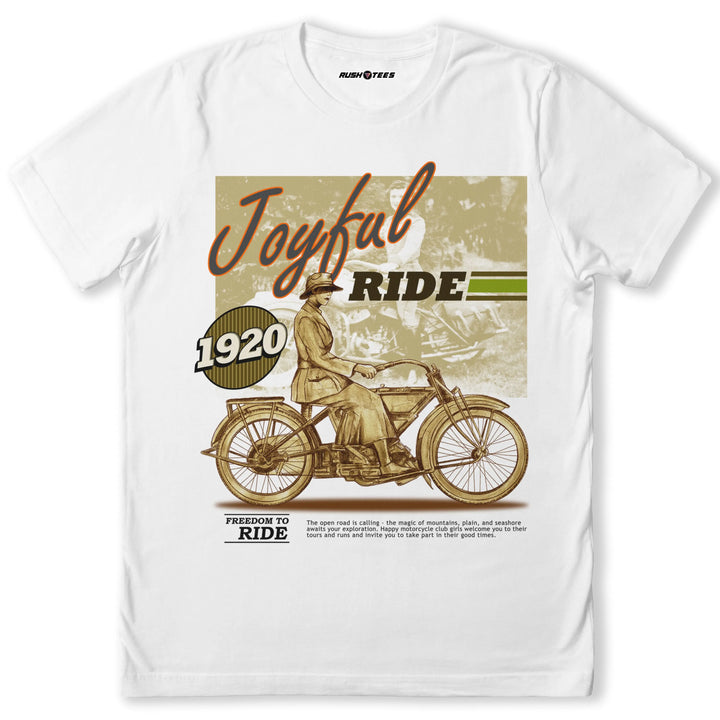 Joyful Ride vintage motorcycle graphic tee, 1920s style biker shirt, perfect for motorcycle enthusiasts and retro fashion lovers.