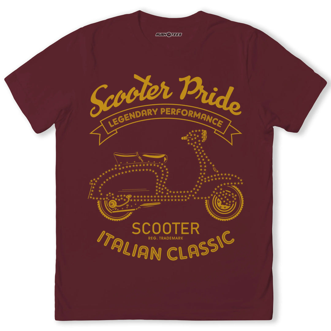 Vintage Italian scooter graphic tee featuring 'Scooter Pride' and 'Legendary Performance' design.