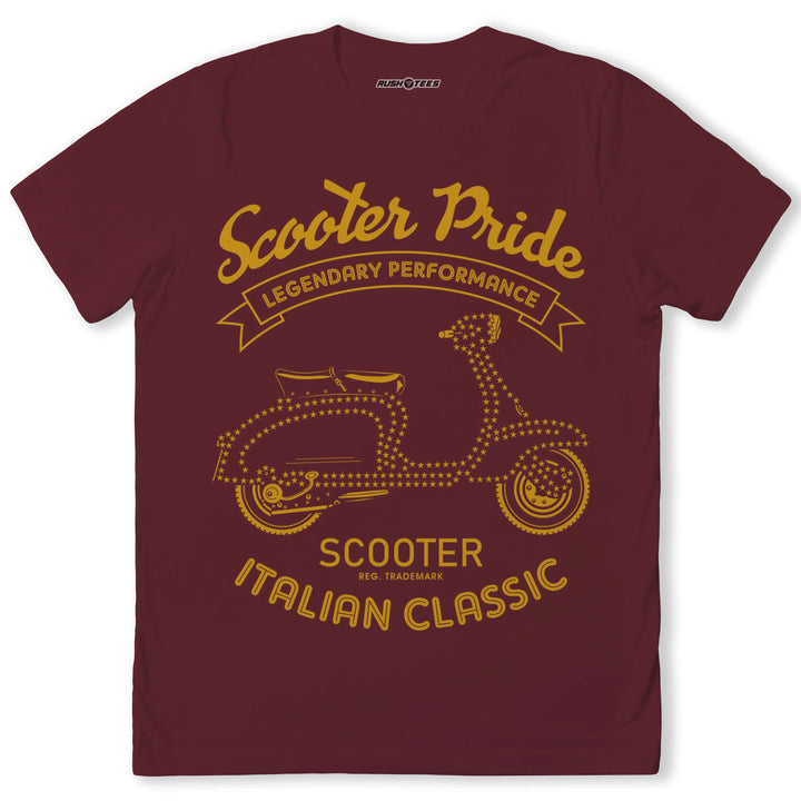 Vintage Italian scooter graphic tee featuring 'Scooter Pride' and 'Legendary Performance' design.