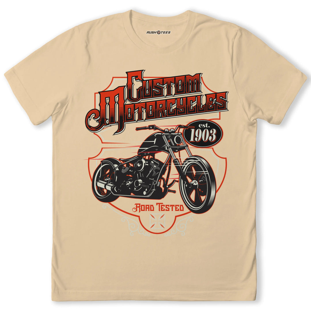 Custom Motorcycles t-shirt featuring a bold graphic chopper design, perfect for motorcycle enthusiasts and vintage style lovers.