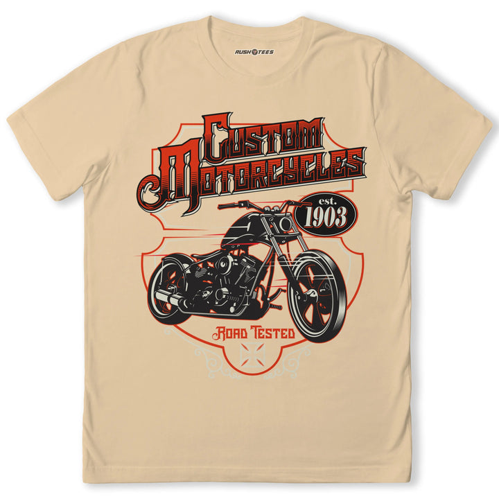 Custom Motorcycles t-shirt featuring a bold graphic chopper design, perfect for motorcycle enthusiasts and vintage style lovers.