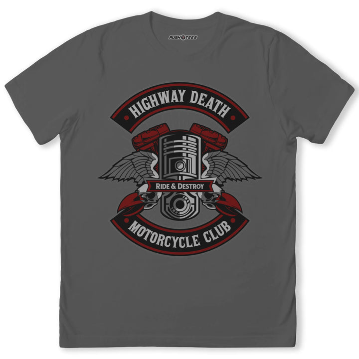 Highway Death Motorcycle Club T-Shirt featuring a bold piston and wings design, perfect for biker enthusiasts.