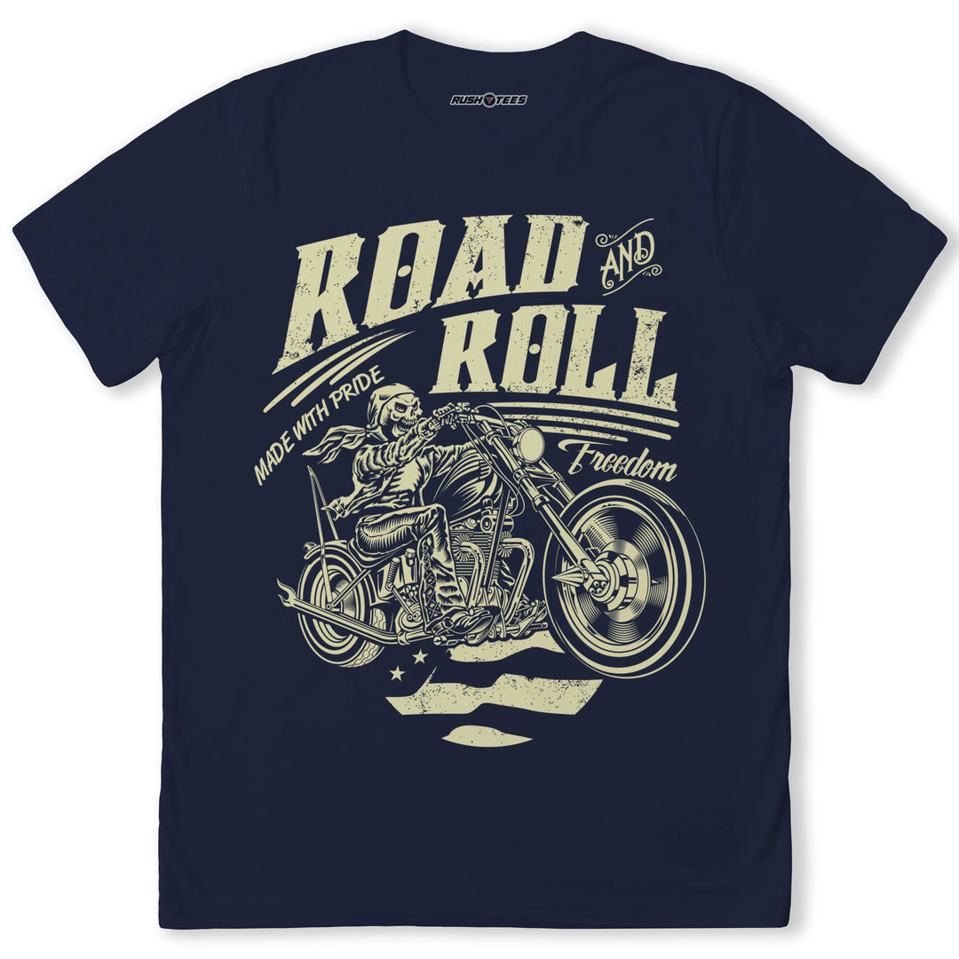 Men's Road And Roll Freedom biker T-shirt featuring a chopper graphic and vintage distressed design.