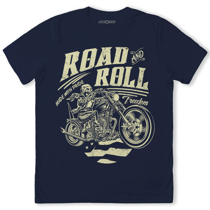 Men's Road And Roll Freedom biker T-shirt featuring a chopper graphic and vintage distressed design.