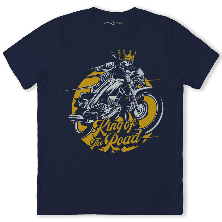 King of the Road t-shirt featuring a skeleton rider on a motorcycle with a crown, perfect for motorcycle enthusiasts.