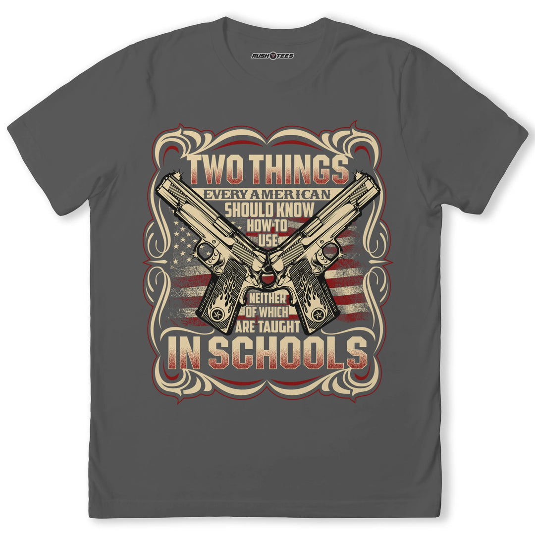 Patriotic T-shirt featuring crossed pistols and American flag with text on self-reliance for 2nd Amendment supporters.