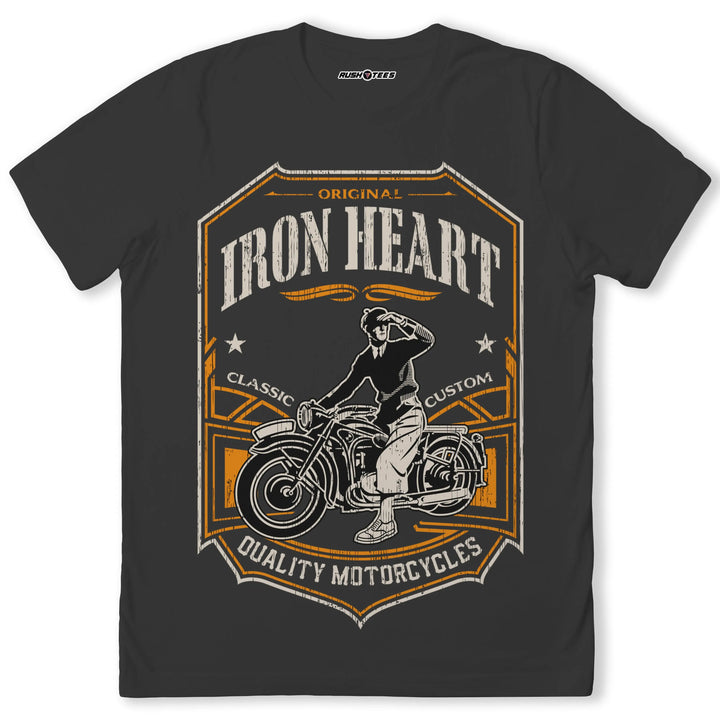 Iron Heart biker t-shirt with vintage motorcycle graphic and distressed print, ideal for motorcycle enthusiasts and rebel riders.
