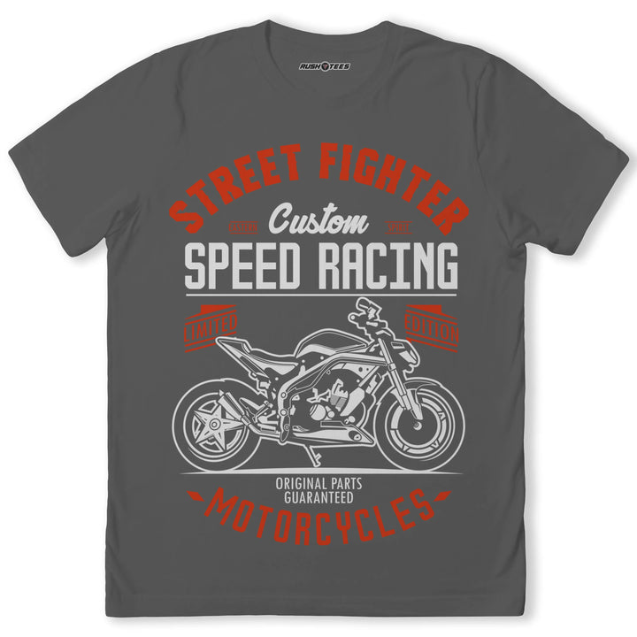 Street Fighter Custom Speed Racing T-Shirt with motorcycle graphic design in gray, perfect for motorcycle enthusiasts.