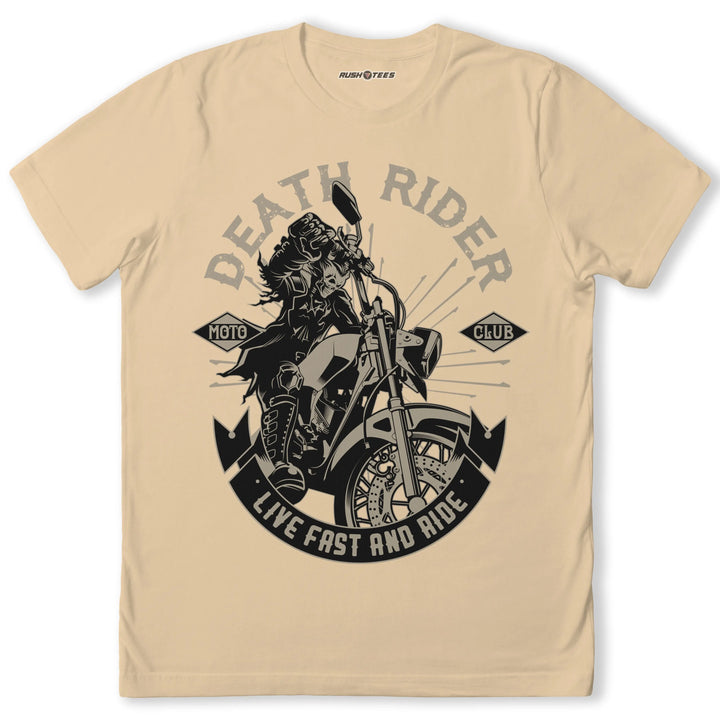 Death Rider biker t-shirt featuring a fierce rider on a motorcycle with 'Live Fast and Ride' slogan in vintage style.